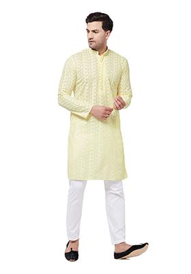 Light Yellow Embroidered Cotton Kurta Pyjama Set For Men