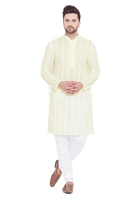 Cream Embroidered Cotton Kurta Pyjama Set For Men