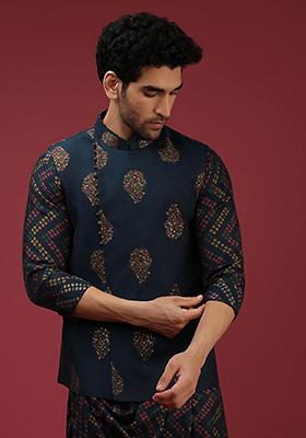 Navy Blue Printed Satin Nehru Jacket For Men