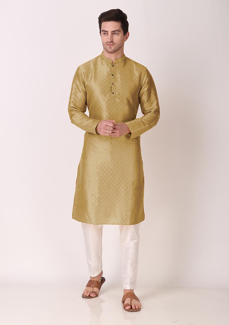 Beige Woven Art Silk Kurta Pyjama Set For Men