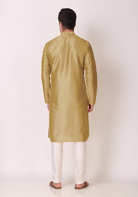 Beige Woven Art Silk Kurta Pyjama Set For Men