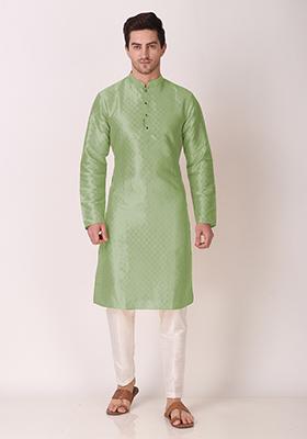 Pista Green Woven Art Silk Kurta Pyjama Set For Men