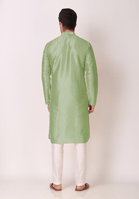 Pista Green Woven Art Silk Kurta Pyjama Set For Men