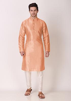 Peach Woven Art Silk Kurta Pyjama Set For Men