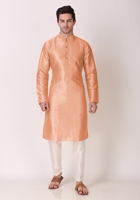 Peach Woven Art Silk Kurta Pyjama Set For Men