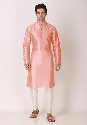 Pink Woven Art Silk Kurta Pyjama Set For Men