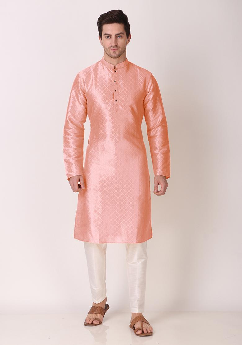Pink Woven Art Silk Kurta Pyjama Set For Men