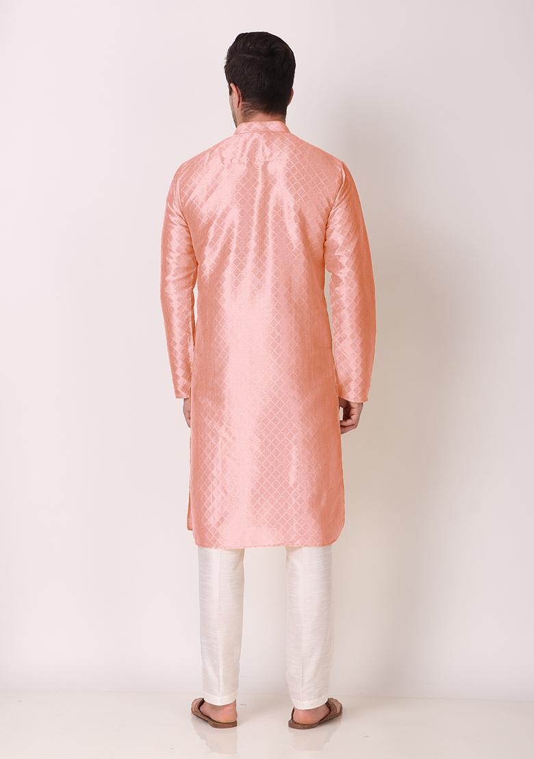 Pink Woven Art Silk Kurta Pyjama Set For Men