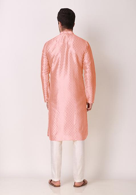 Pink Woven Art Silk Kurta Pyjama Set For Men