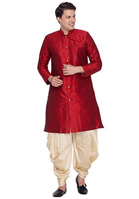 Maroon Solid Banglori Silk Kurta Pyjama Set For Men