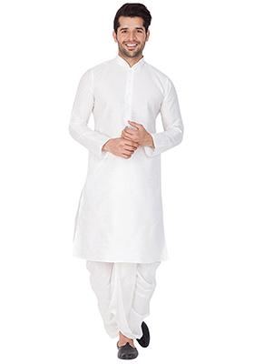 White Solid Banglori Silk Kurta Pyjama Set For Men