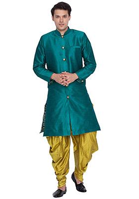 Teal Solid Banglori Silk Kurta Pyjama Set For Men