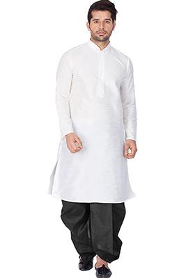 White Solid Banglori Silk Kurta Pyjama Set For Men