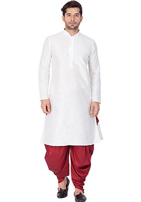 White Solid Banglori Silk Kurta Pyjama Set For Men