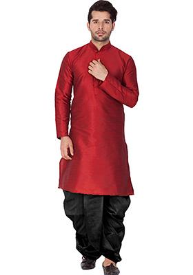 Maroon Solid Banglori Silk Kurta Pyjama Set For Men