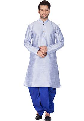 Grey Solid Banglori Silk Kurta Pyjama Set For Men