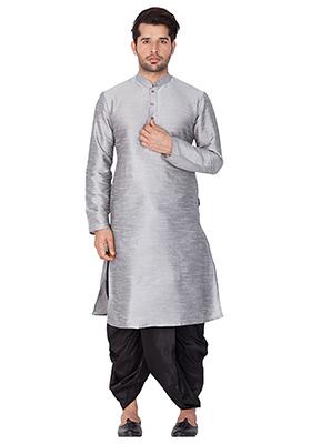 Grey Solid Banglori Silk Kurta Pyjama Set For Men