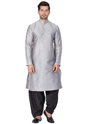 Grey Solid Banglori Silk Kurta Pyjama Set For Men