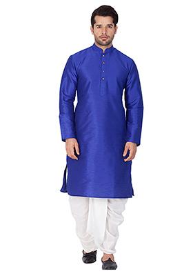 Blue Solid Banglori Silk Kurta Pyjama Set For Men