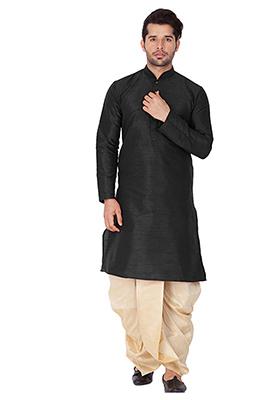 Black Solid Banglori Silk Kurta Pyjama Set For Men