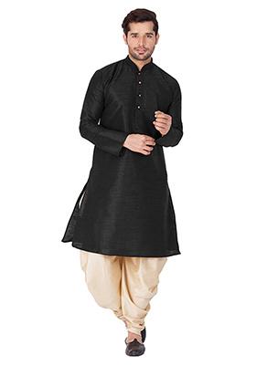 Black Solid Banglori Silk Kurta Pyjama Set For Men