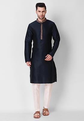 Blue Embroidered Art Silk Kurta Pyjama Set For Men