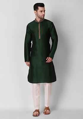 Green Embroidered Art Silk Kurta Pyjama Set For Men