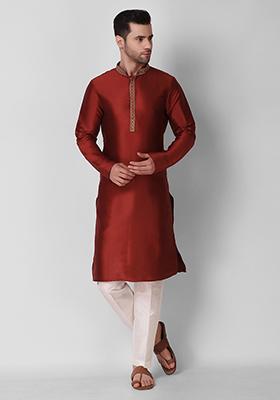 Maroon Embroidered Art Silk Kurta Pyjama Set For Men