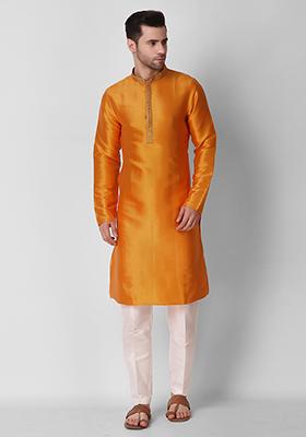 Yellow Embroidered Art Silk Kurta Pyjama Set For Men