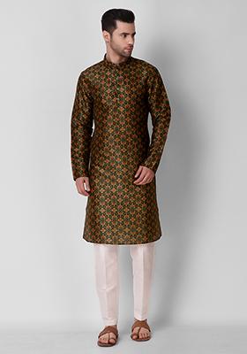 Green Digital Print Art Silk Kurta Pyjama Set For Men