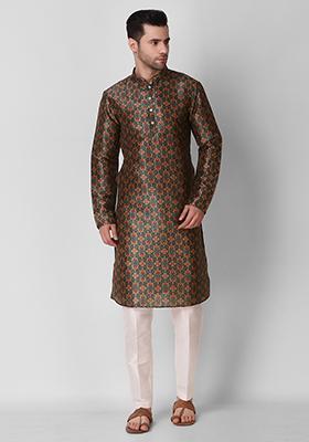 Brown Digital Print Art Silk Kurta Pyjama Set For Men