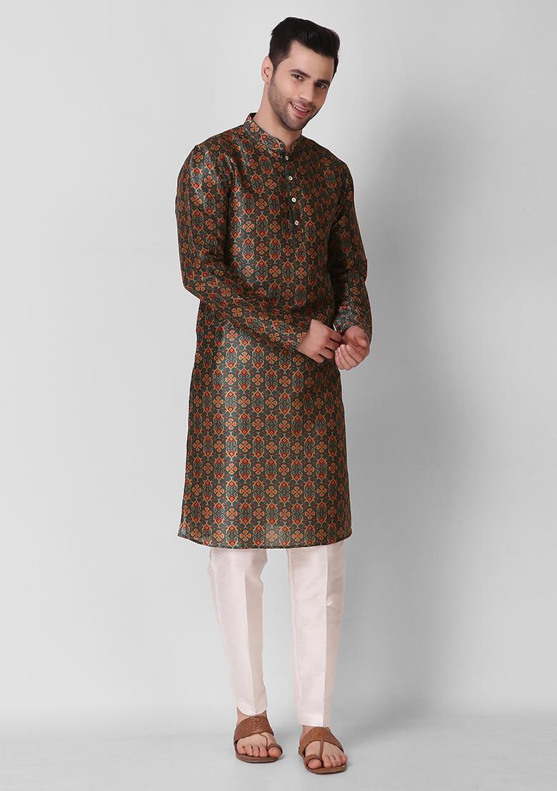 Brown Digital Print Art Silk Kurta Pyjama Set For Men