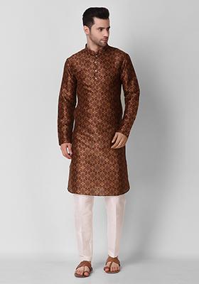Maroon Digital Print Art Silk Kurta Pyjama Set For Men
