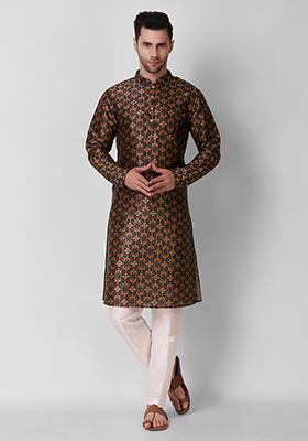 Blue Digital Print Art Silk Kurta Pyjama Set For Men