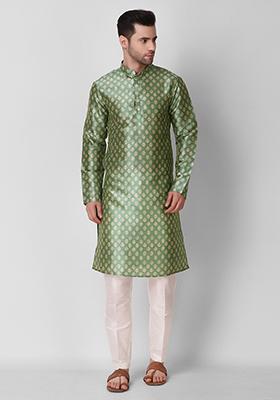 Pista Green Digital Print Art Silk Kurta Pyjama Set For Men