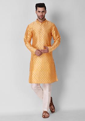 Yellow Digital Print Art Silk Kurta Pyjama Set For Men
