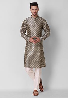 Grey Digital Print Art Silk Kurta Pyjama Set For Men