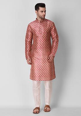 Rust Digital Print Art Silk Kurta Pyjama Set For Men