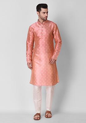 Peach Digital Print Art Silk Kurta Pyjama Set For Men