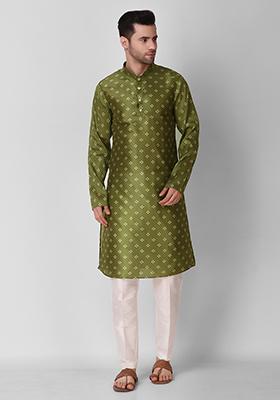 Mehendi Digital Print Art Silk Kurta Pyjama Set For Men