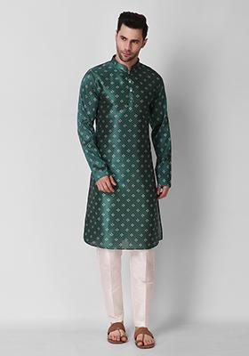 Teal Blue Digital Print Art Silk Kurta Pyjama Set For Men