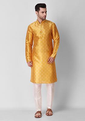 Yellow Digital Print Art Silk Kurta Pyjama Set For Men