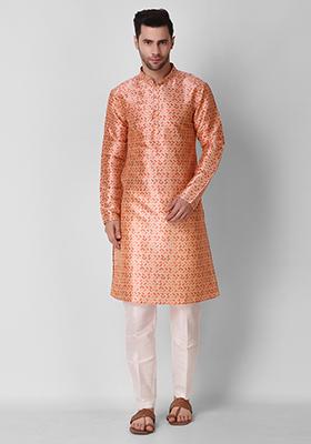 Pink Digital Print Art Silk Kurta Pyjama Set For Men