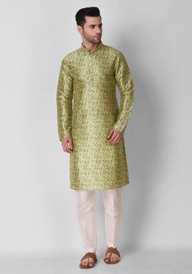 Pista Green Digital Print Art Silk Kurta Pyjama Set For Men