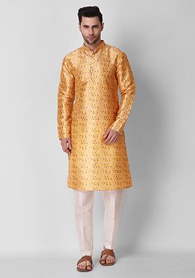 Yellow Digital Print Art Silk Kurta Pyjama Set For Men