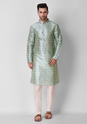 Blue Digital Print Art Silk Kurta Pyjama Set For Men
