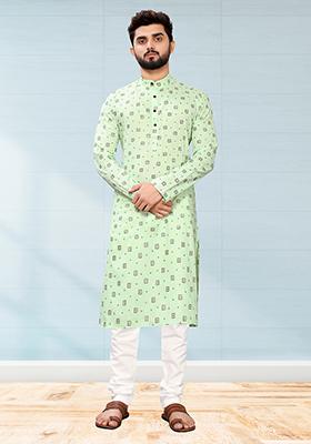 Pista Green Printed Cotton Kurta Pyjama Set For Men