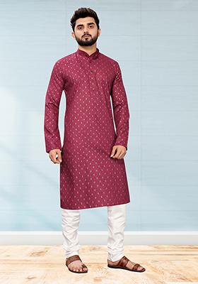 Maroon Printed Cotton Kurta Pyjama Set For Men