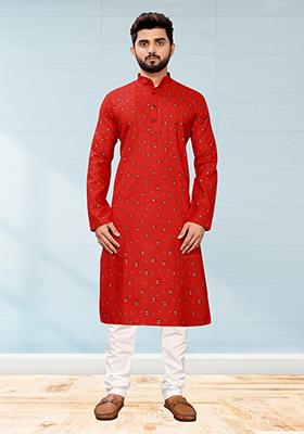 Red Printed Cotton Kurta Pyjama Set For Men