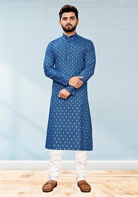 Teal Blue Printed Cotton Kurta Pyjama Set For Men